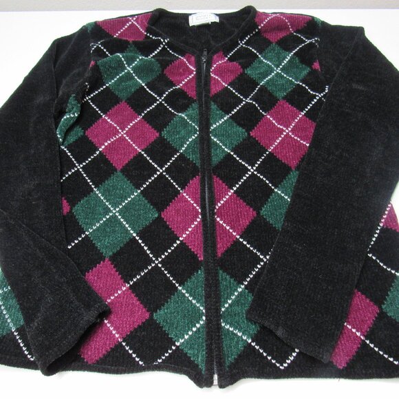 VTG JENNIFER MOORE Womens Cardigan Zippered Sweater Tweed Preppy Checker Black M - Picture 1 of 6